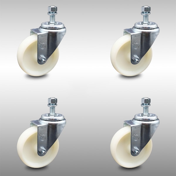 4 Inch SS Nylon Wheel Swivel 1/2 Inch Threaded Stem Caster Set